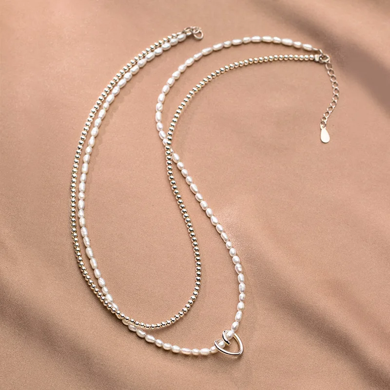

3mm Real. Authentic 925 Sterling Silver Jewelry Double Rows Beads Chain Baroque Rice Pearl Necklace Knot Heart Pendant C-D8137