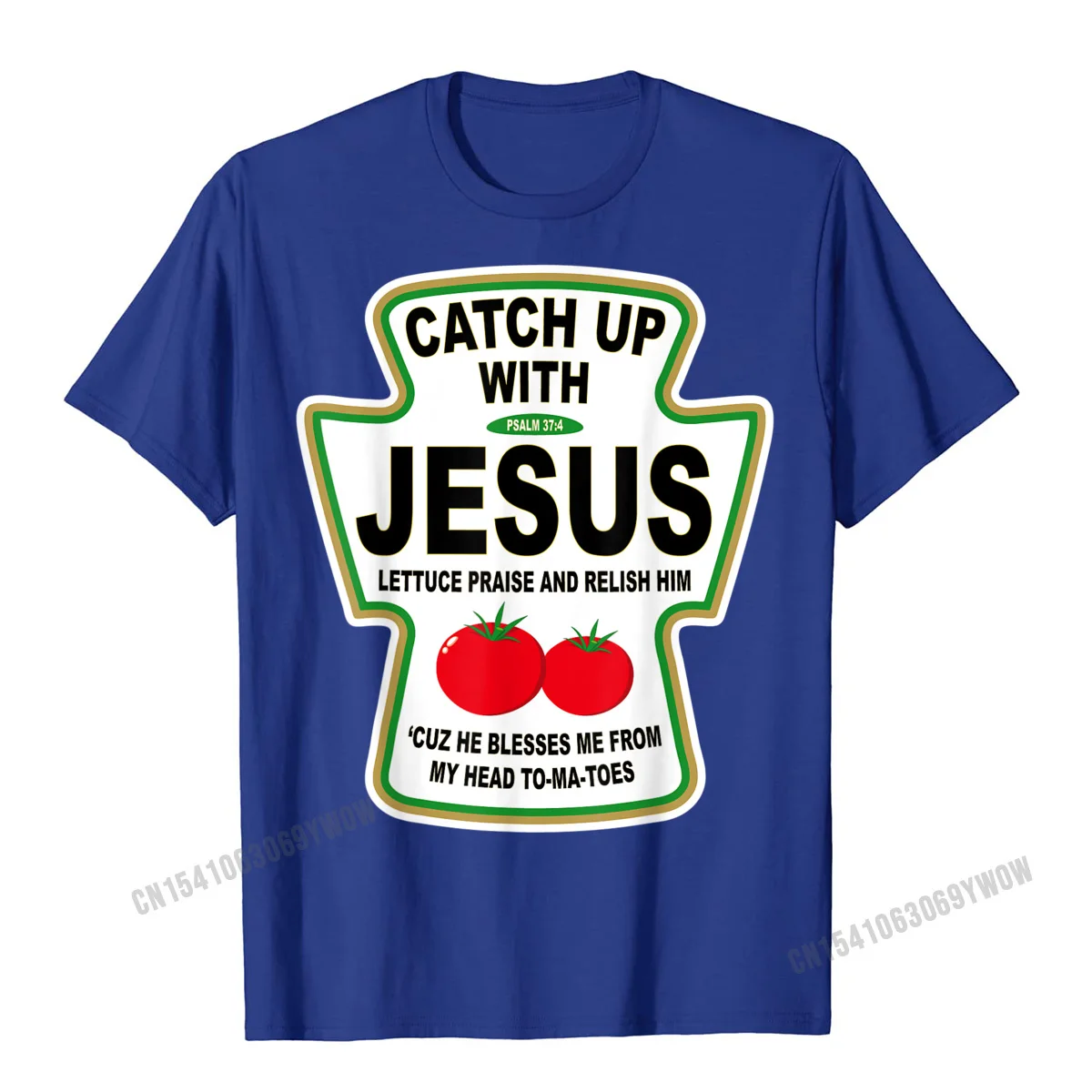 comfortable Summer 100% Cotton Fabric Round Neck Tops Shirts Short Sleeve Gift T-Shirt Classic Summer T-Shirt Wholesale Christian Catch Up With Jesus Ketchup T-Shirt__987 blue