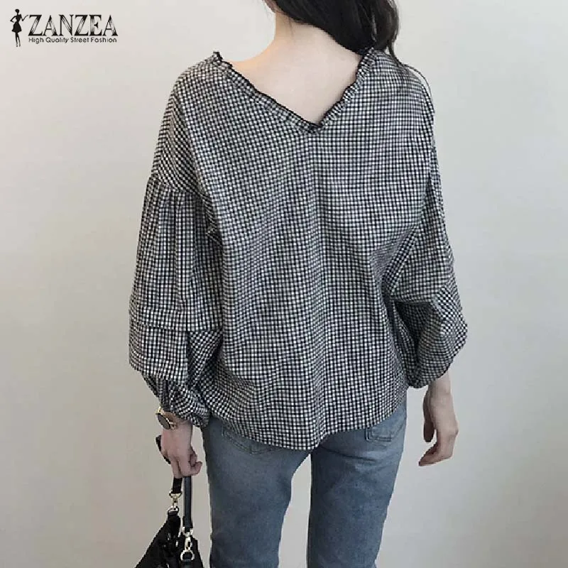 ZANZEA/винтажная Осенняя рубашка с v-образным вырезом и рукавами-фонариками для женщин, Клетчатая блузка в клетку, топы с оборками, элегантная работа, Blusas Robe Femme Chemise