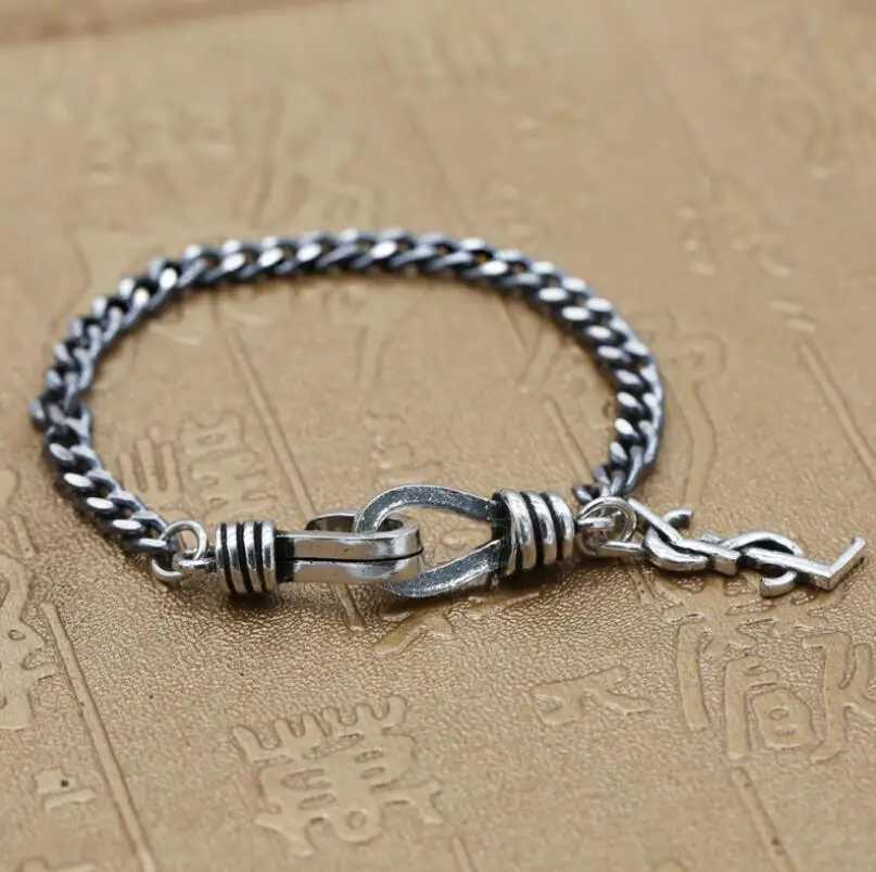 Браслет из чистого серебра 925 пробы, Ретро стиль, цепочка унисекс и звено, S925 браслеты