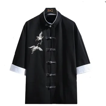 

2020 New Chinese Style Men's Short-sleeved Cotton Linen Shirts Black Red Summer Loose Comfortable SPlice Embroidered Shirt Men