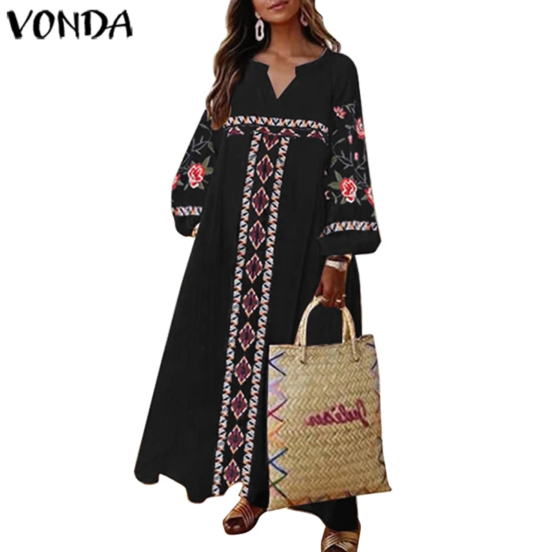 VONDA Винтаж богемное платье Для женщин сексуальный Фонари с длинными рукавами и принтом вечерние Макси длинное платье пляжное праздничное платье Vestidos Femme халат большого размера - Цвет: Black