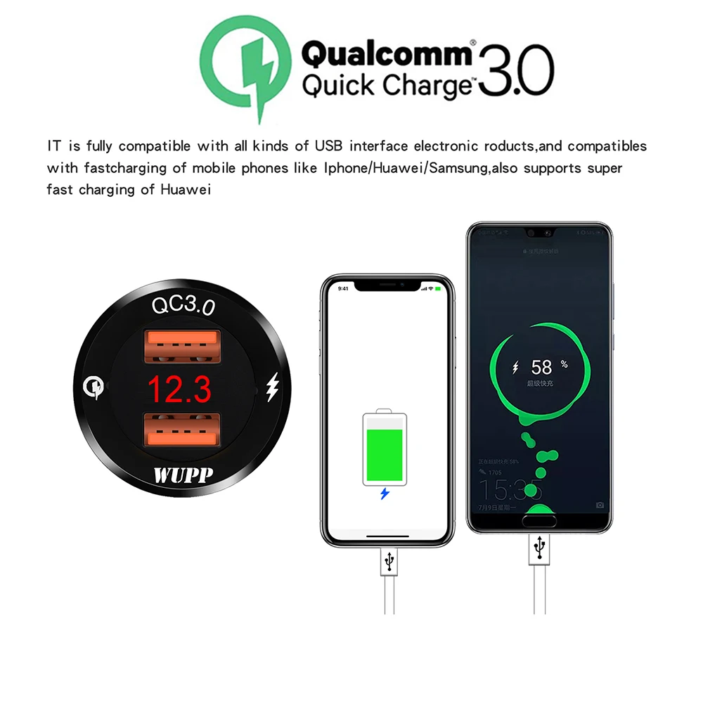 WUPP для телефона на мотоцикл Зарядное устройство Водонепроницаемый QC3.0 двойной USB3.4A сверх Быстрая зарядка 12V с переключатель вольтметра линия страхование шт