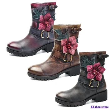 

Vintage Mid-calf Boots Women Shoes Genuine Leather Plush Fur-lined Motorcycle Boots Winter Autumn Boot Boats Mujer