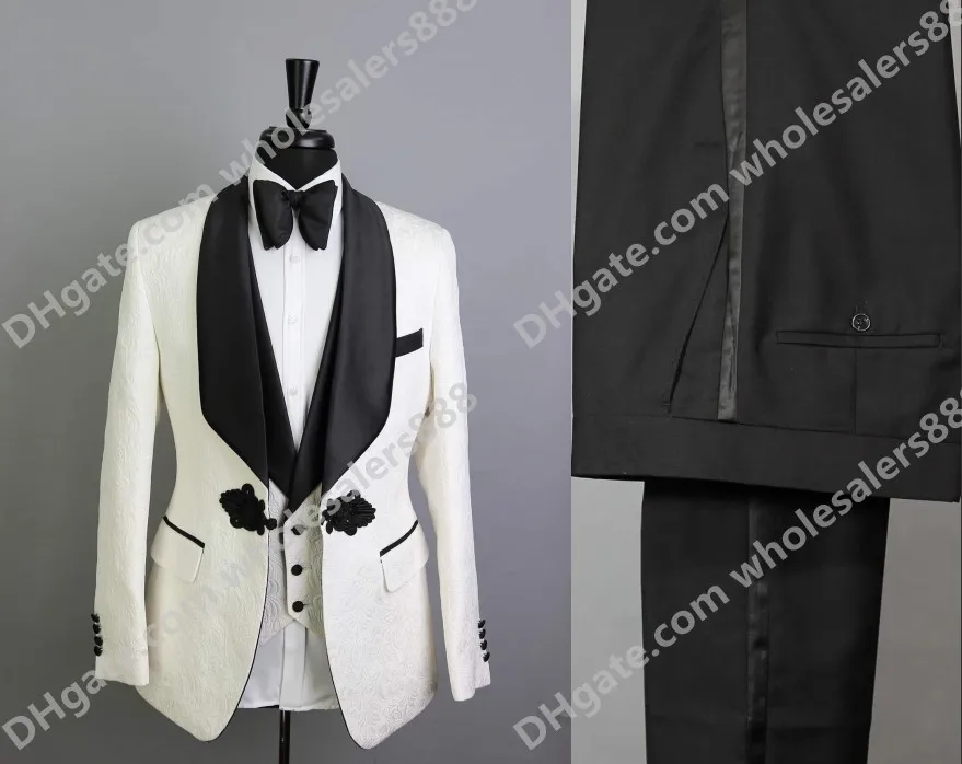Men Suits Groom Wedding Pants Jacket Tuxedos Black Ivory-Pattern Shawl And Satin Lapel