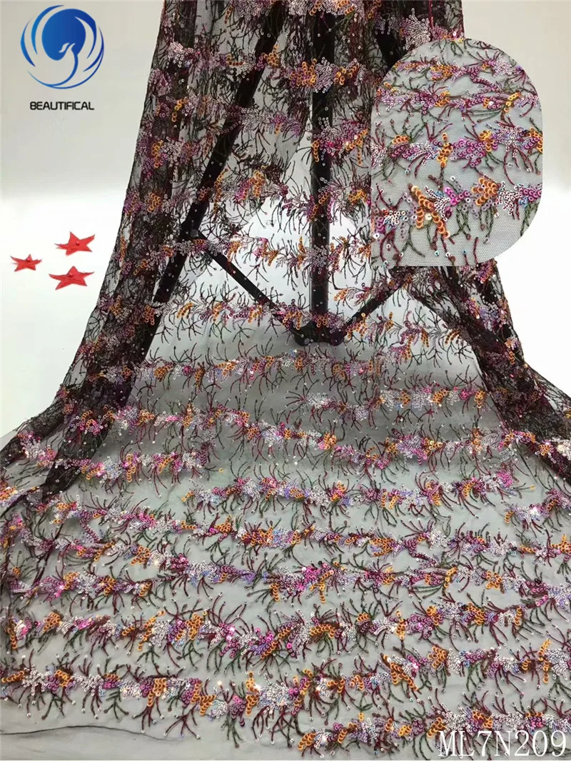 

Beautifical nigerian lace fabrics Fashion multicolor sequins tulle lace fabric 5yards net lace african afabric for dress ML7N209