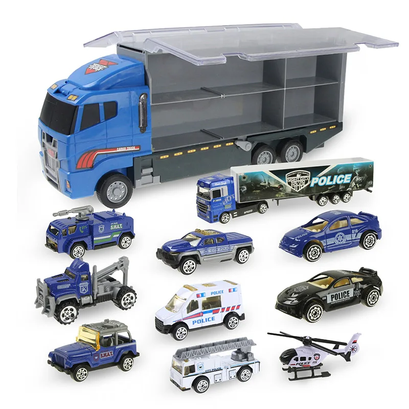 

11pcs/set 2in1 Mini Police Series Sliding Alloy Car Toy Vehicles Model Police & Carrier Truck with Ejection Function Xmas Gift