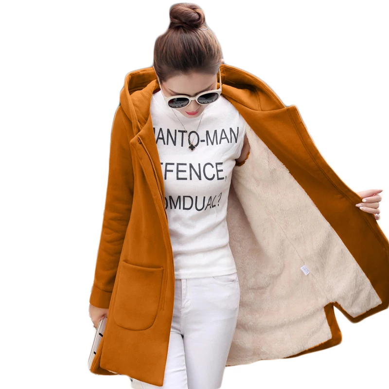 

2018 Autumn Winter Women's Fleece Female Red Slim Fit Hoodies Jackets Jacket Coats Female Long Hooded Coats Outerwear Warm Thick