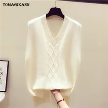 Сплошной свитер без рукавов жилет для женщин Плетеный v-образный вырез пуловеры трикотажные жилеты Жилет