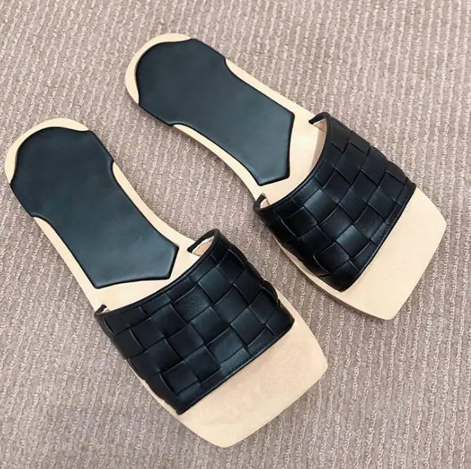 BONJEAN Fashion Square Toe Woman Slipper Sexy Open Toe Flat Shoes Summer Leather Braided Slides Black Beige Shoes