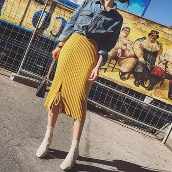 

2020 Autumn & Winter New Arrival Solid Color Skirt Slim Mid-length Skirt Ice Silk Side Slit Lace Up Knit Skirt Free Shipping