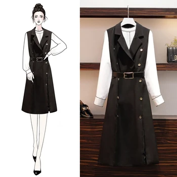 

2020 Fashion Spring Autumn two piece set Women White Shirt + Black dress Streetwear Plus Size 2 piece set women