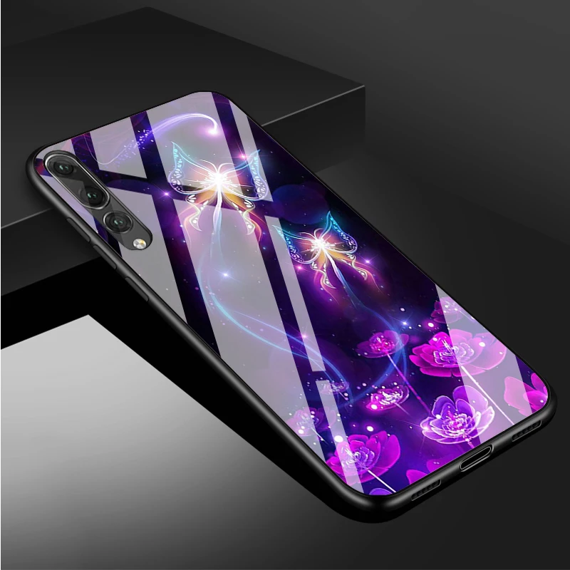 huawei pu case Butterfly Tempered Glass Phone Case For Huawei P20 P30 P40  P40 Lite Pro Psmart Mate 20 30 Cover Shell silicone case for huawei phone