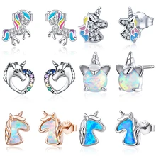 Pendientes de unicornio WOSTU Licorne 100%, pendientes pequeños multicolores de plata esterlina 925 para mujer, regalos de joyería de moda de boda(China)
