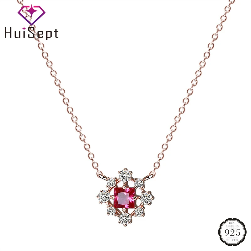 

HuiSept S925 Sterling Silver Necklace for Women Ruby Zircon Gemstone Pendant Jewelry Accessories Wedding Engagement Dropshipping