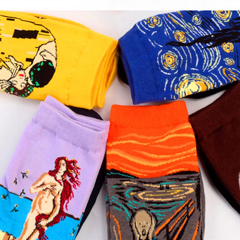 1 pair Hot Sale Classic Autumn Winter Retro Women Personality Art Van Gogh Mural World Famous Painting Female Sock Oil Socks