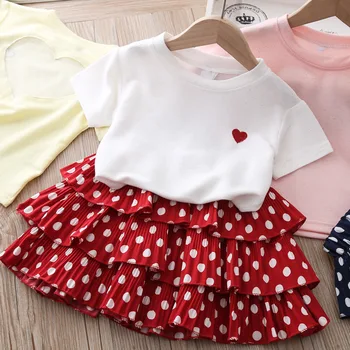 

Girl Clothing Set 2020 Summer Girl 2Pcs Children Girls Dress Outfit Set Short Sleeve Sweet Heart Tee+Polka-dot Skirts for 1-6Y