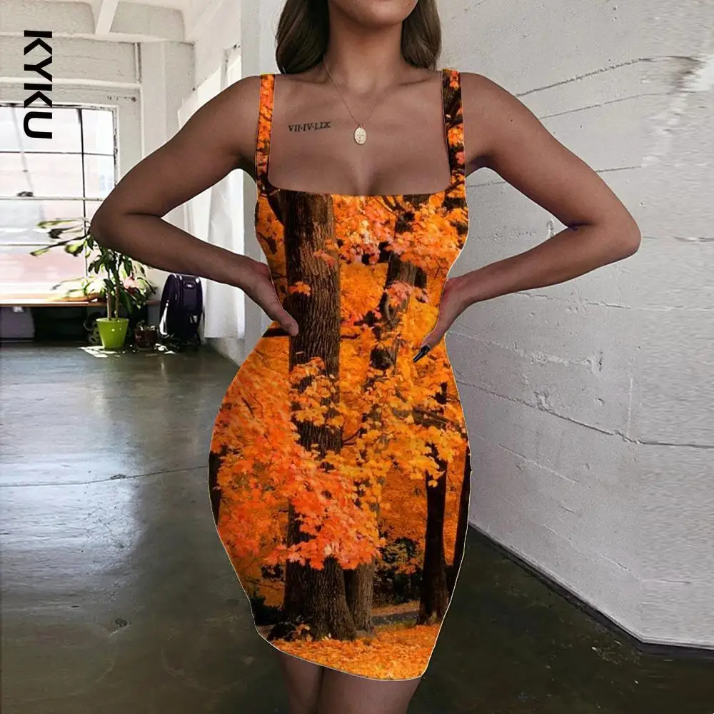 

KYKU Brand Tree Dresses Women Landscape 3d Print Forest Ladies Dresses Street Sundress Womens Clothing Party Short Beach