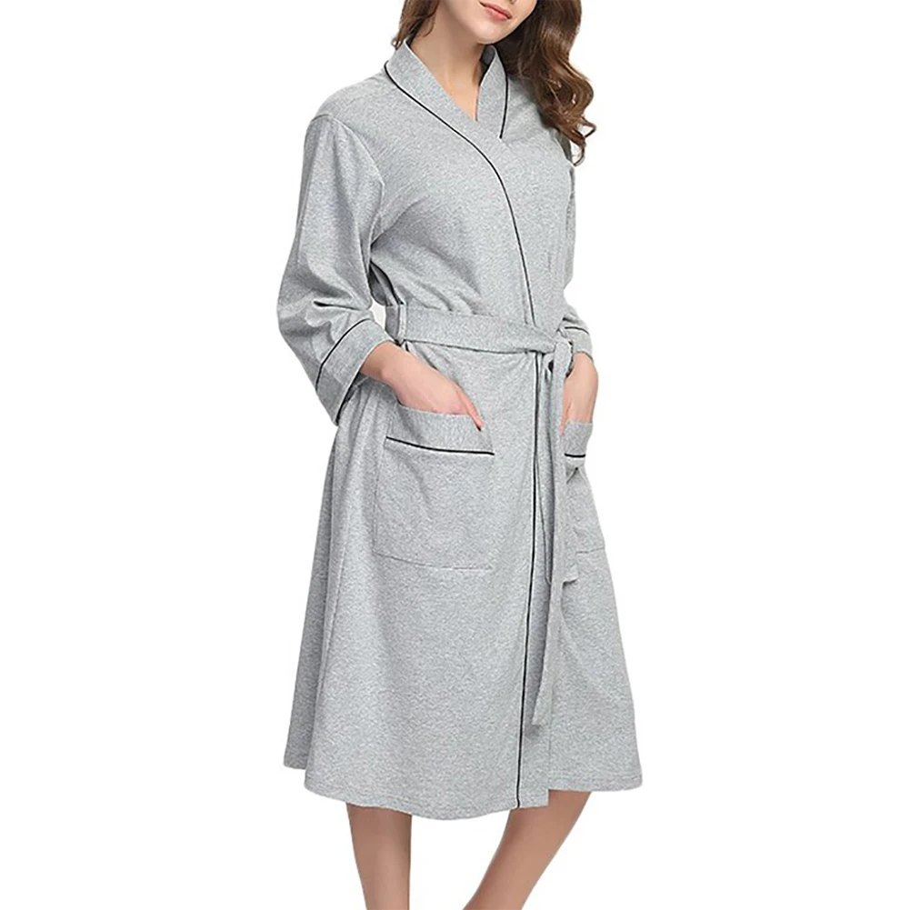 Пижамы для женщин халат с длинным рукавом для ванной одноцветное домашнее элегантное кимоно Домашняя одежда Хлопок Смесь Ночная одежда с поясом карман на каждый день