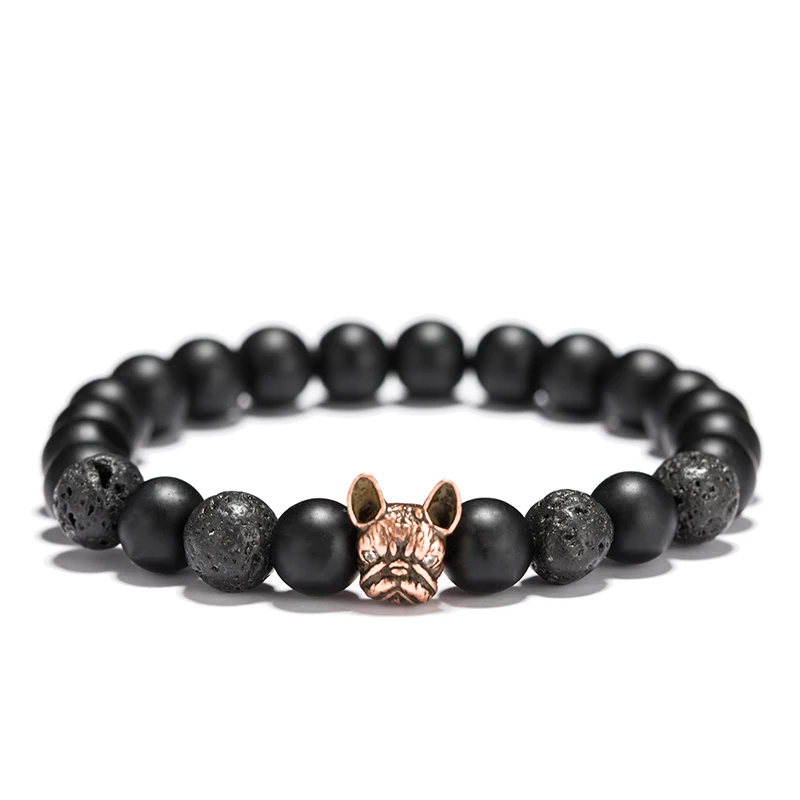 Noter French Bulldog Bracelet Men Vintage Copper Beads Strand Bracelet Natural Matte Lava Stone Braslet Erkek Bileklik Pulseras