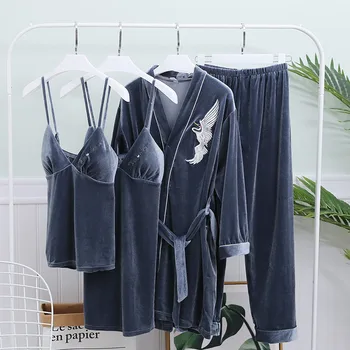 

Women's Pajamas Winter Gold Velvet Pajamas Set 4 Pieces Sexy Home Service Thin Long Sleeve Female Sleepwear Home Clothes Pyjamas