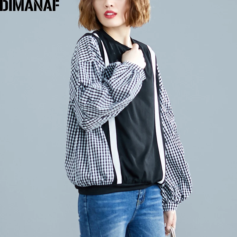 DIMANAF размера плюс, женская блузка, рубашки Дамские топы, туника, хлопок, осень, свободная, повседневная, с длинным рукавом, соединенная, в клетку, черная, женская одежда - Цвет: 7han7470