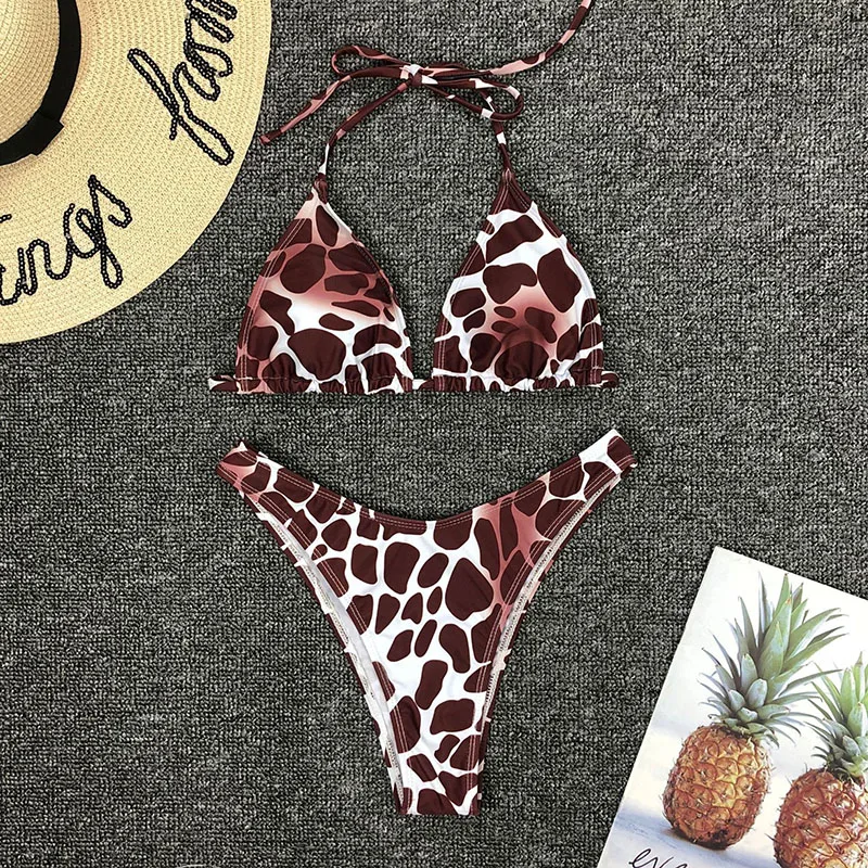 Sexy Leopard Halter Bikini Set Three Piece Swimsuit Long Sleeve Swimwear Woman Transparent Mesh Beach Wear High Cut Bathing Suit