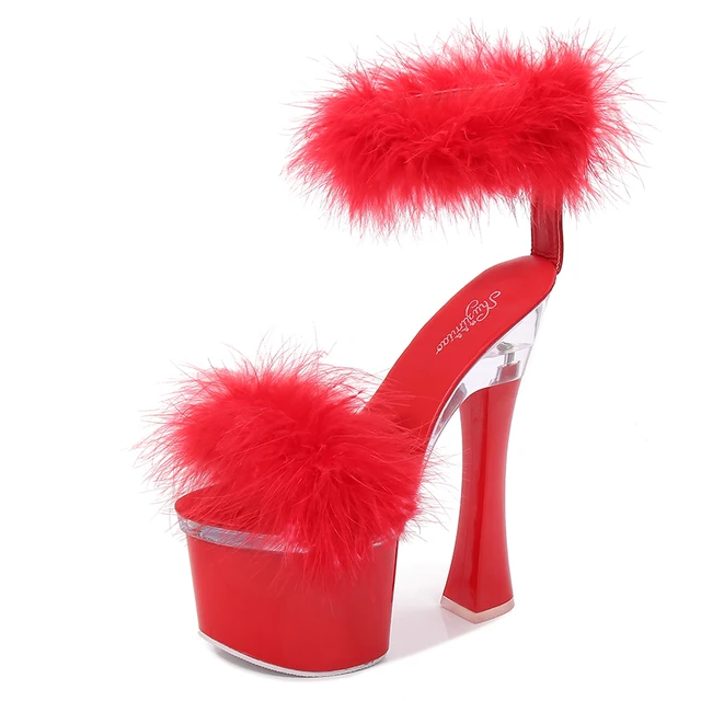 2020 New 4 Color Feather Thick High Heels Platform Sandals Women 14cm 17cm Heels Shoes Female Summer Hair Wedding Pumps WS311 Red 17cm