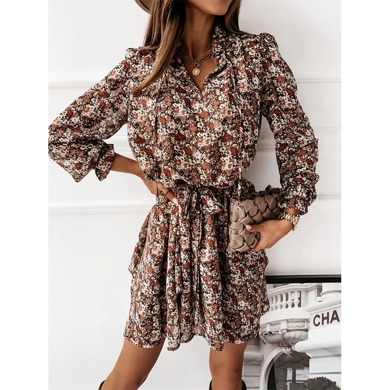 

Women Ruffles Floral Print V Neck Long Puff Sleeve Dress 2020 Autumn Casual Drawstring Sashes Dress Female A Line Party Vestidos