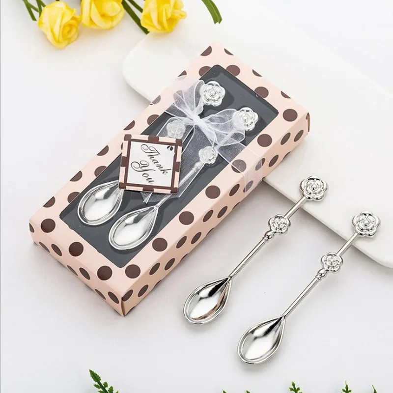 

(10sets/lot)FREE SHIPPING+Flower Design Stainless Steel Coffee Spoons in Polka Dot Gift Box Wedding Party Giveaways For Guest
