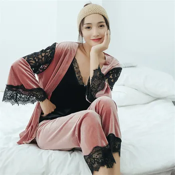

3 pieces gold velvet women pajamas winter warm pajamas set lace sleeveless sexy female sleepwear nightwear robe pants home suit