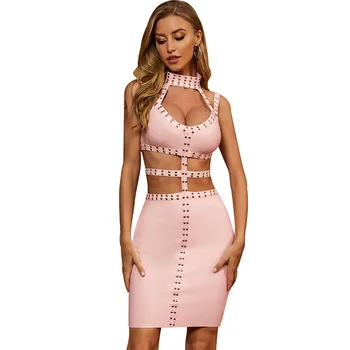 

High Quality Pink Black Sleeveless Keyhole Rayon Bandage Dress Elegant Evening Party Dress Vestidos