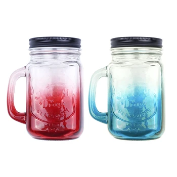 

2 Pcs Fashionable Vintage Mason Glass Drinking Jar Bottles Cup 500ML/17Oz, Red & Blue
