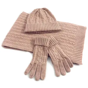 

Women Twist Braided Cable Knit Solid Color Warm Scarf Beanie Hat Gloves 3Pcs Set AXYD