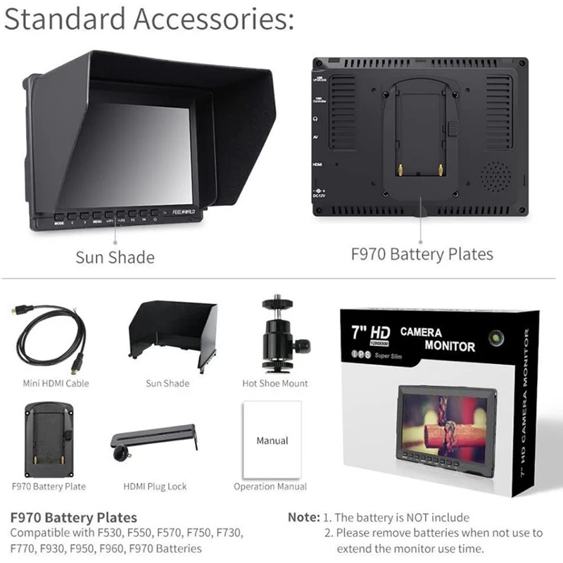 Feelworld 7 Inch HD 1280x800 DSLR Camera Field Monitor 4K HDMI AV Input IPS Screen 1200:1 Steady Contrast Ratio FW759 Moniteur