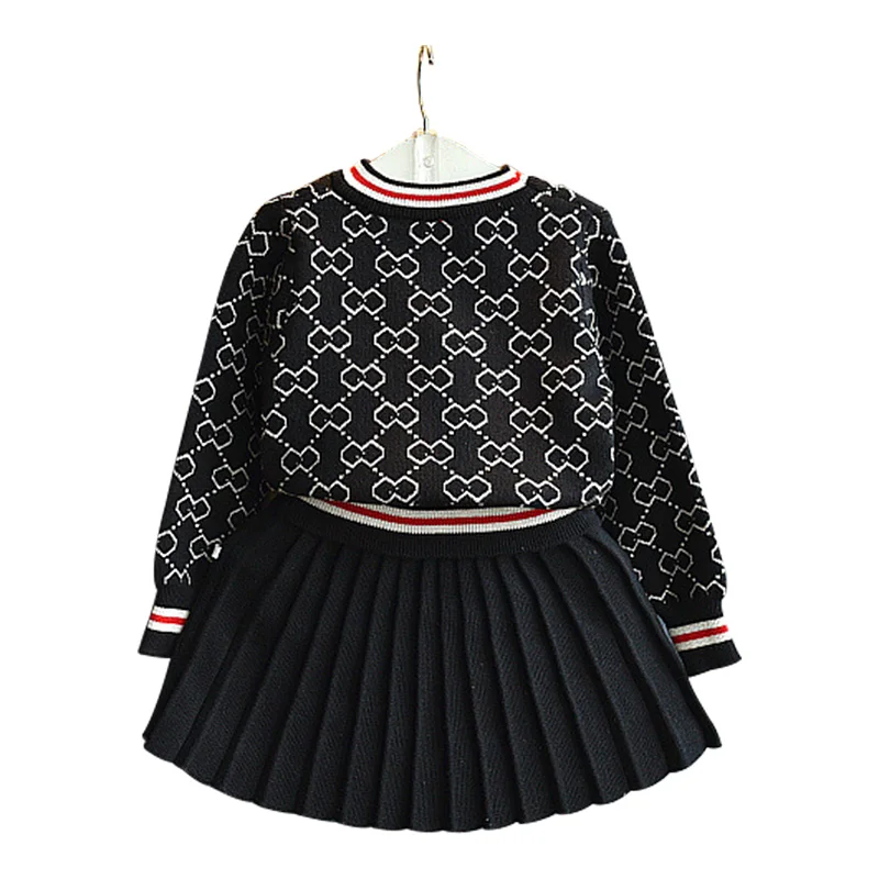 kids Spring and Autumn Wear Girls New Warm Sweater Knitwear+ Pleated Set Baby Plaid Print Knit Sweater Two-Piece Set