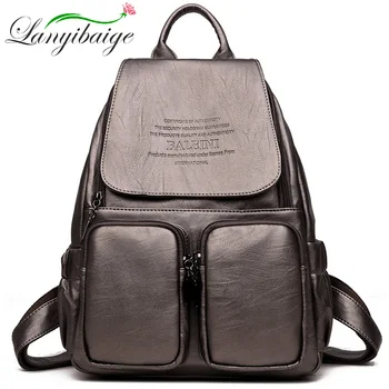 

New Double Pocket Decoration Vintage Leather Backpacks Female Travel Shoulder Bag Mochilas Women Backpack Rucksacks For Girls