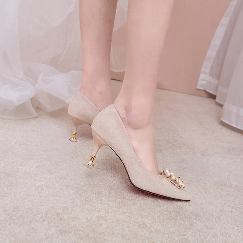 Beige 7cm Женская обувь; свадебные туфли для подружки невесты; пикантная Свадебная обувь на высоком каблуке-шпильке; красные свадебные Shoes34-39 с жемчугом - Цвет: Beige 7cm