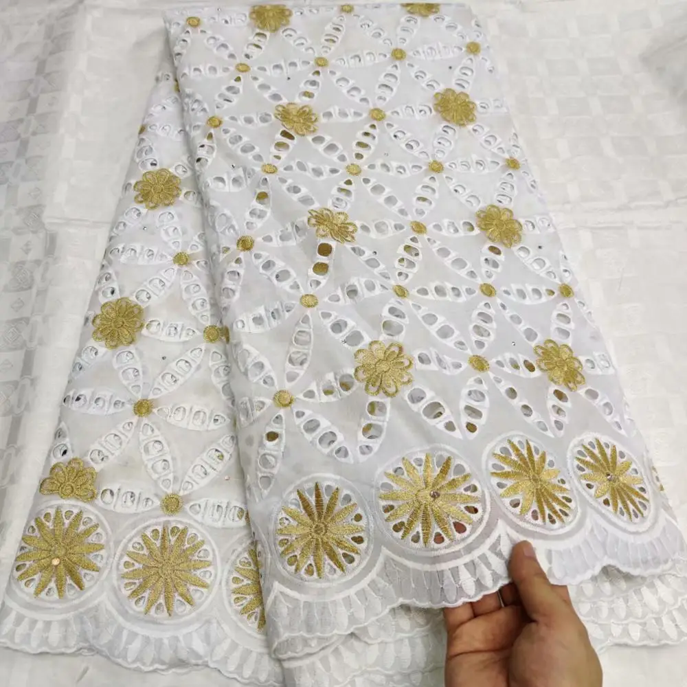 5 ярдов белая и золотая ткань из Дубая Африканское сухое кружево ткань хлопок кружевная ткань швейцарская вуаль кружева в швейцарском стиле высокого качества