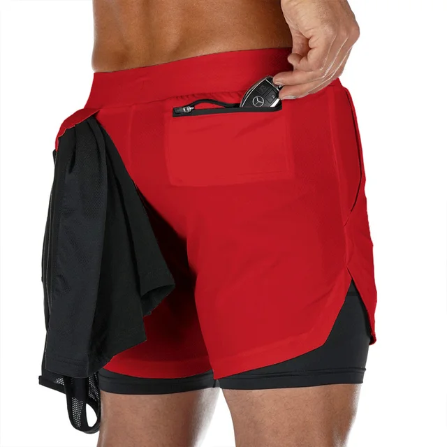 2021 Camo Running Shorts Men 2 In 1 Double-deck Quick Dry GYM Sport Shorts Fitness Jogging Workout Shorts Men Sports Short Pants Red-Black