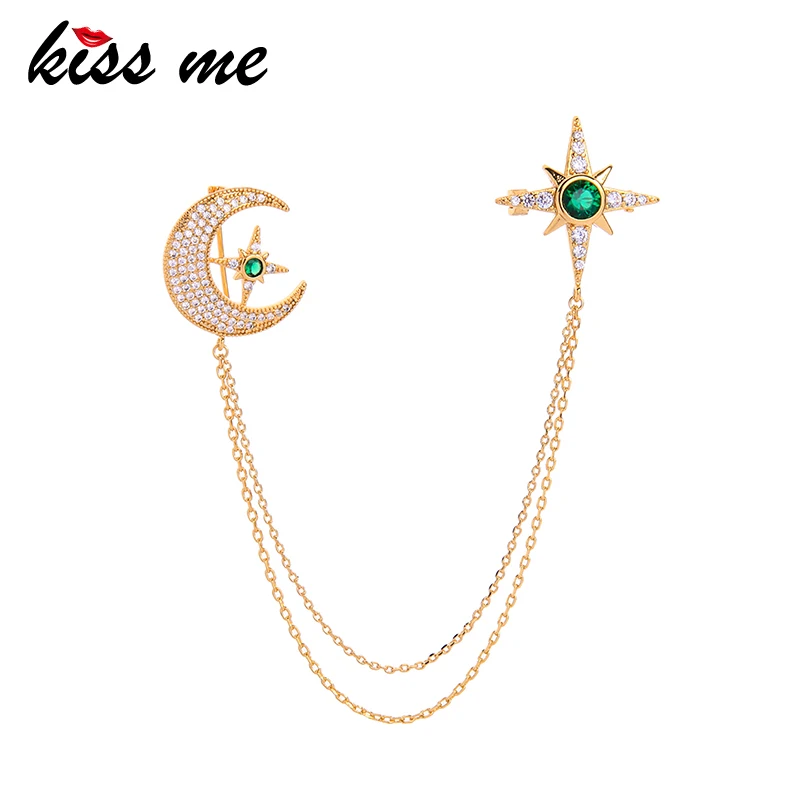 

kissme Exquisite Green&Red Zircon Moon Star Layered Chains Pendant Brooches For Women Gifts Gold Color Brass Fashion Jewelry