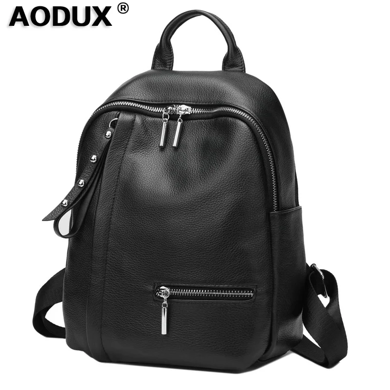 

AODUX 100% IItalian Genuine Leather Calfskin Silver Accessories Women Backpacks Girl First Layer Cowhide Female School Book Bags
