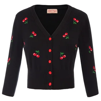 

Elegant Button Coat Women's Cherries Embroidery 3/5 Sleeve V-Neck Cropped Knitting Lady Coat Knitwear