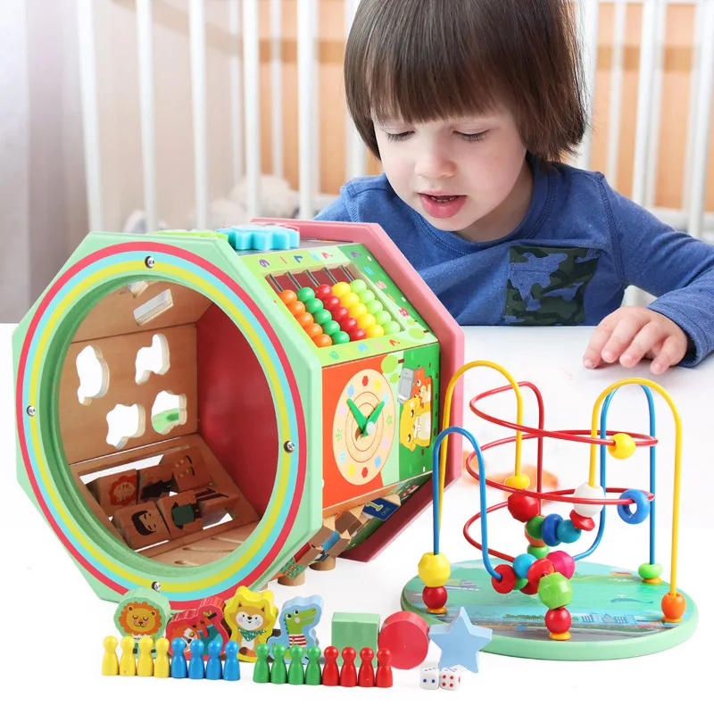 

Children Wooden Early Education Multi-functional Educational Force Eight Large Bead-stringing Toy Treasure Chest Parent And Chil