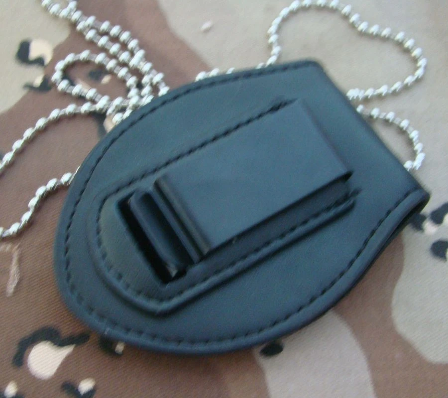 US OFFICER STYLE UNIVERSAL OVAL POLICE BADGE CLIP/NECK HANGER COMBO W/CHAIN
