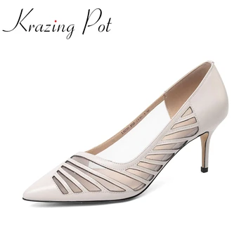 

Krazing pot natural leather air mesh pointed toe high thin heels handmad cozy gentlewomen party shallow slip on summer pumps L30