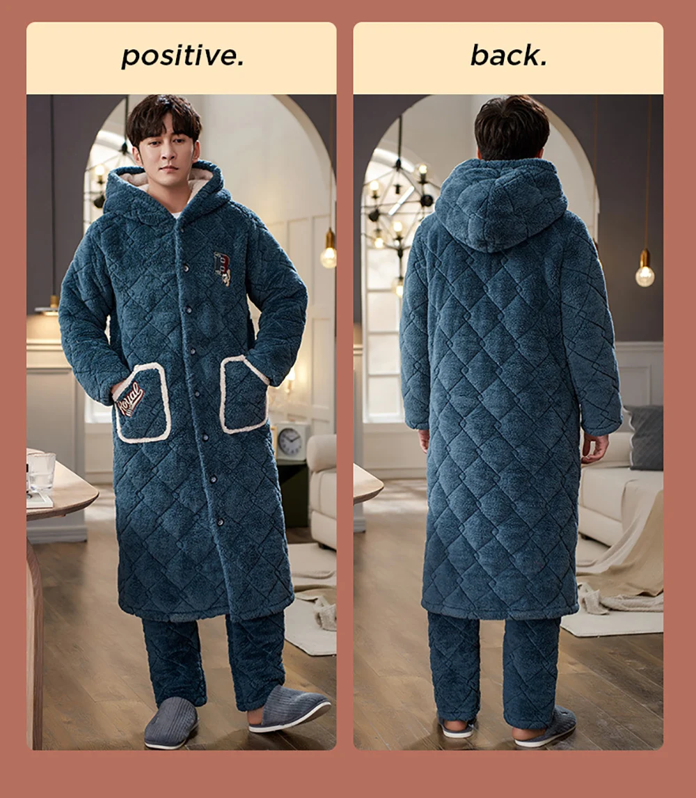 Men Terry Robe Hooded Pajama Sets Super Warm 3-layer Thick Long Bathrobe Luxury Winter Kimono Man Plaid Pajamas Embroidery Robe plus size silk pajamas