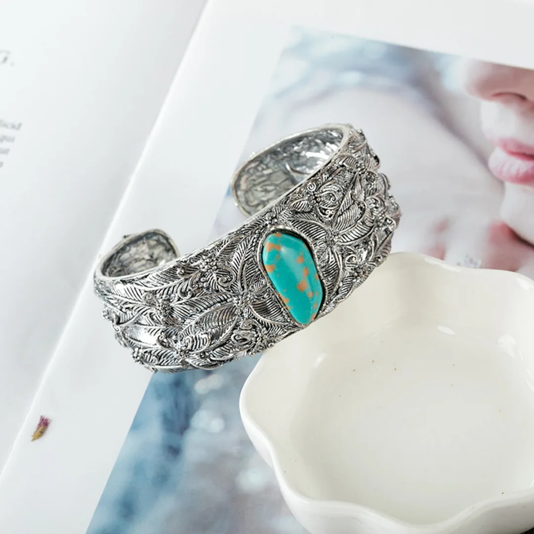 Ethnic Antique Carve Open Cuff Bangles Bracelet Vintage Silver Butterfly Blue Natural Stone Bracelet for Women Indian Jewelry
