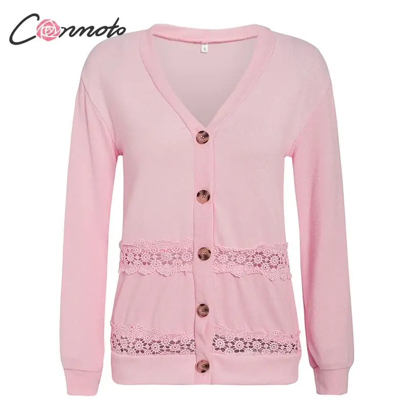 Conmoto сезон осень-зима; розовый цвет трикотажные кардиганы женские Лоскутные кардиганы с пуговицами свитера кружевная Вышивка выдалбливают свитер