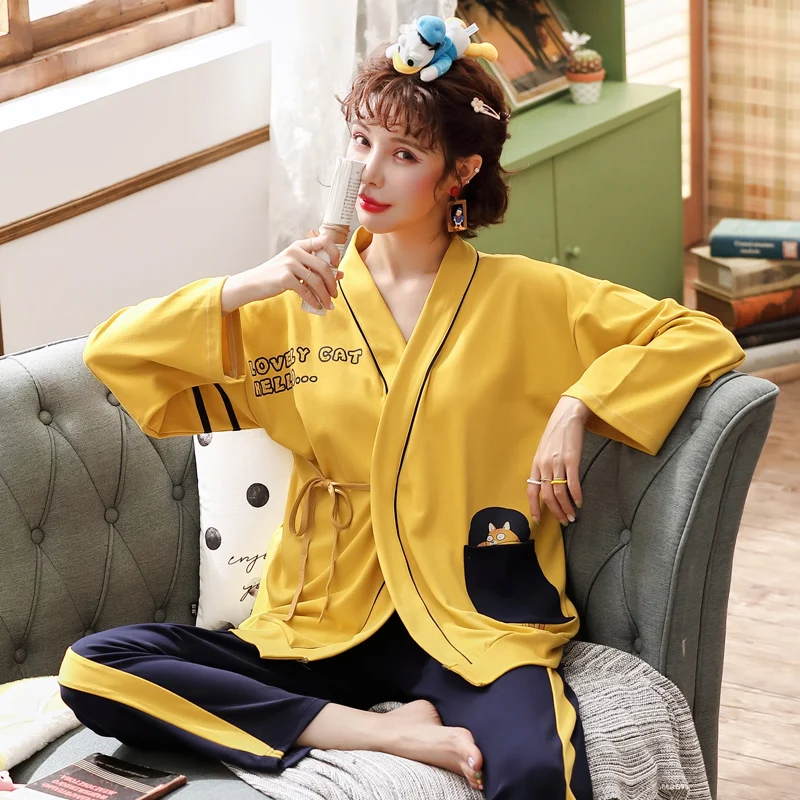 

MELIFLE Autumn Kimono Pajamas Set for Women Autumn 100% Cotton Long Sleeve Pure Sleepwear Winter Warm V-Neck Yukata Nightwear